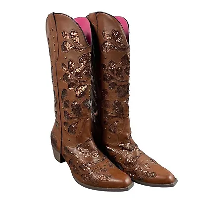 Southern Fried Chics Gone Country Brown Glitter Western Cowgirl Boots Size 10 • $37.49