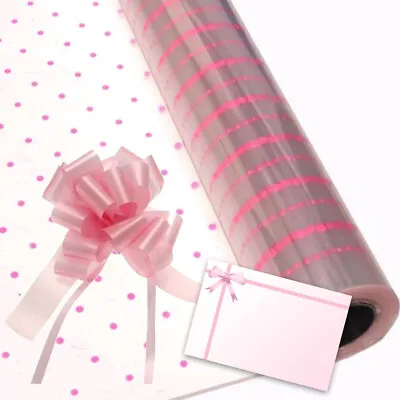 £0.99 • Buy Pink Dot Cellophane Gift Wrap Birthday Baby Hampers + Pull Bow & Bow Card