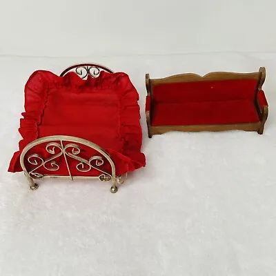 Vintage Concorde Miniatures Red Velvet Sofa Brass Bed Dollhouse Furniture • $20