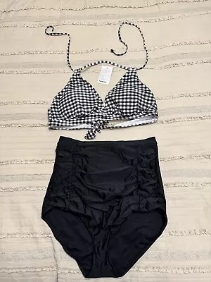 COCOSHIP Retro Ruched Ruffle High Waist 2 Piece Bikini Set Stripped Top Size 16 • $18.99