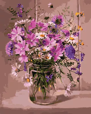 Purple Daisy Paint By Numbers Kit Oil Painting Canvas Acrylic Adult Kids DIY UK • £4.19