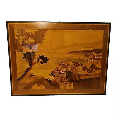 Inlaid Wood Wall Art Italian Mountainside Village Lacquered Marquetry • $75