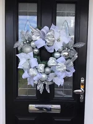 Large Handmade 50cm Christmas Wreath White Silver Door Wall Hanging UK • £40