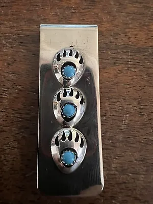 Native Amerivan Navajo Money Clip Indian Triple Bear Paw Turquoise Nice Zuni #G • £14.48