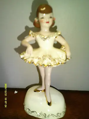 Florence Ceramics Pasadena Girl Ballerina White & Gold Tutu 7  Figurine Vintage • $60