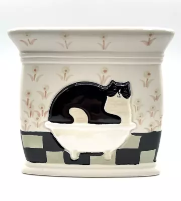 Warren Kimble Fat Cat Tissue Box Holder Kitty Bathtub Ceramic Ivory Black Check • $26.99