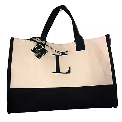 Mud Pie L Initial Canvas Tote Bag Black Off White Cream Embroidered Large NEW • $24.95