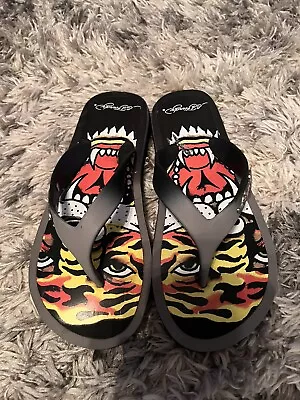 Ed Hardy Logo Tiger Multicolor Size 5 Black StrapsThong Flip Flop Sandals • $12.99