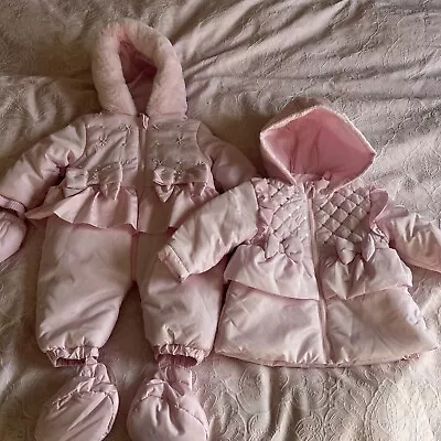 Mintini Baby Girl Pink Snow Suit Pram Suit And Coat 3 Month Pearl And Bow Detail • £25