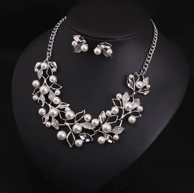 £4.99 • Buy  Crystal Faux Pearl Statement Bib Collar Wedding Necklace Chain Earring Set