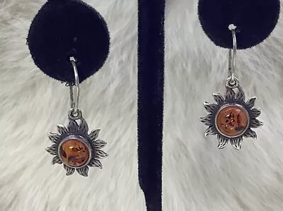 Vintage BoHo Sterling Silver Cognac Baltic Amber Cabochon Sun Dangle Earrings • $15.40