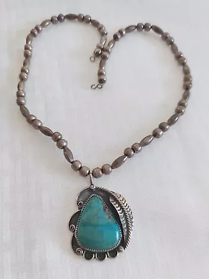 VTG Sterling Silver Turquoise Pendant W 22  Wire Strung Beaded Necklace • $125