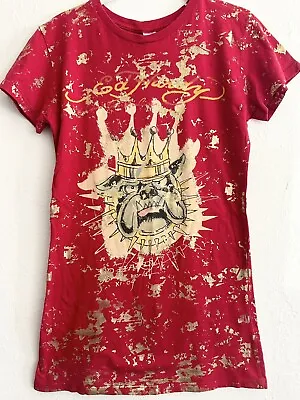 Y2K Ed Hardy Shirt Dress Tunic Sz L Bull Dog Red Gold Crown Vintage • $19.99