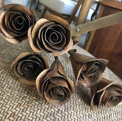 6 Vintage Handmade Copper Metal Art Long Stemmed Roses Flowers 26” Originals • $72