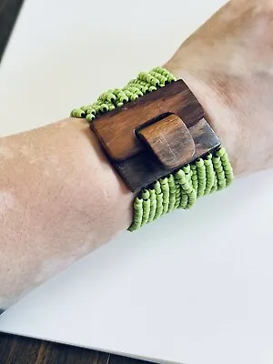 MONIES GERDA LYNGGAARD Wood Multi Glass STATEMENT BRACELET Unsigned Beads Green • $28