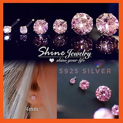 925 Sterling Silver Womens Girls Pink Crystal Round Stud Earrings Xmas Her Gift • $5.74