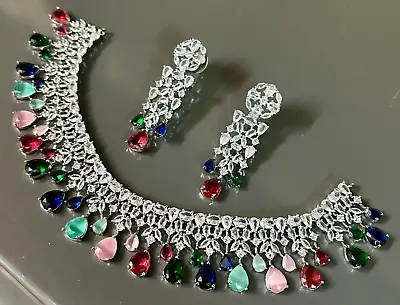 Bollywood Designer Indian Silver Plated AD CZ Necklace Jhumka Ear Set • $35.59