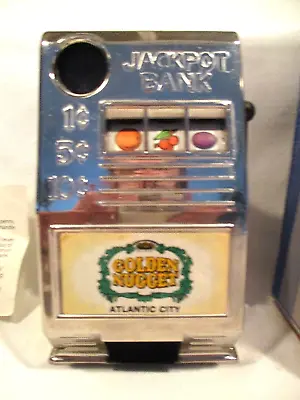 Vtg  Metal Golden Nugget Atlantic Cty Mini Slot Machine Toy  Bank Working Rare • $45