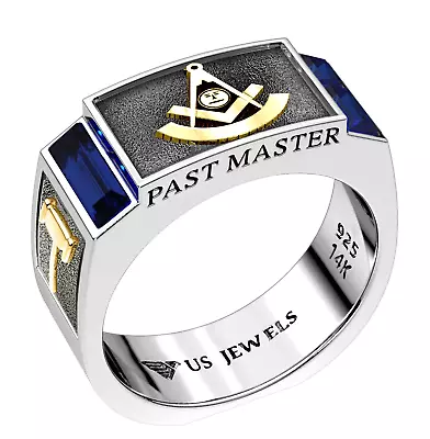 Men's 8mm Two Tone 925 Sterling Silver Past Master Synthetic Sapphire Masonic Ri • $299.99