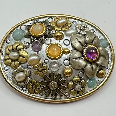 Vintage Michal Golan Brooch Amethyst & Pearl Inlaid Pin With Semiprecious Stones • $39.99