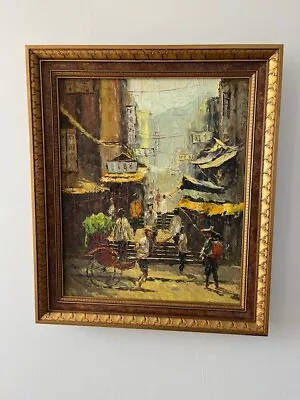 Wong Original Oil Vintage Chinese Expressionism Hong Kong Street Scene On Canvas • $79