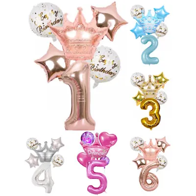 6pcs 30  Princess Crown Rainbow Number Balloons Rose Gold Girls Birthday Party • £4.99