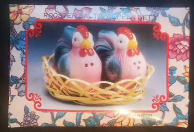 Vintage Rooster & Chicken Salt And Pepper Shakers In Basket  NEW In Box • $12