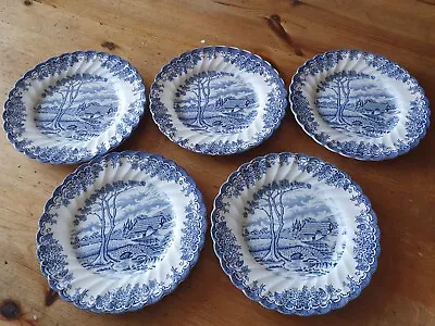 Myott  The Brook  Blue White Patterned 5x Side Plates Scallop Edge • £14