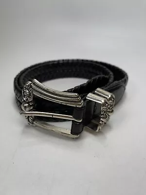 Vintage Womens Brighton Braided Black Leather Belt Silver Buckle Size 30 • $16.50