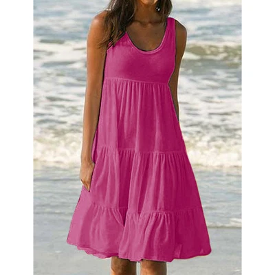 $22.48 • Buy Plus Size Women Sleeveless Solid Vest Dress Ladies Summer Beach Frill Midi Dress