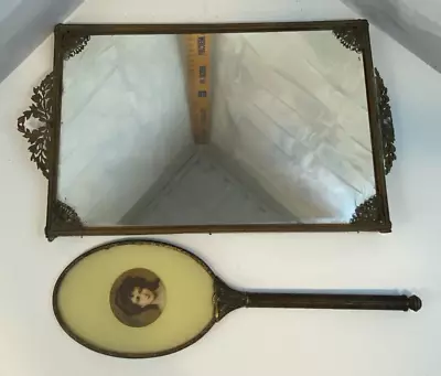 Vintage Gold-tone Filigree Vanity Dresser Mirror Tray Hand Held Mirror • $17.50