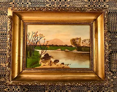 CT River; The Oxbow Northampton MA Antique Framed Naive Oil On Academy Board  • $167.50