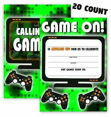 Gaming Green Party Invitations - 20 Invitations + 20 Envelopes - DOUBLE SIDED - • $13.99