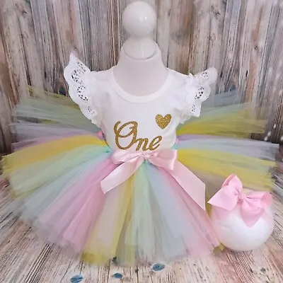 Rainbow Baby First 1st Birthday Outfit Tutu Cake Smash Pastel Party Dress Bow  • £24.99
