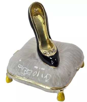 Trinket Box Bejeweled Black Pump Shoe Metal Enameled Rhinestone Hinged   2.5  • $30.44