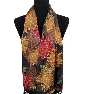 Satin Scarf Floral Chrysanthemum Print In Fall Burgundy Mustard Yellow 9x60  • $16.99