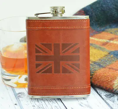 New Hip Flask 8oz Stainless Steel With Brown Leather Union Jack  • £6.99