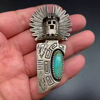 Vintage Southwestern Kachina Turquoise Sterling Silver Pendant Pin Brooch • $485