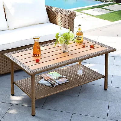 Outdoor Wicker Coffee Table Patio Rattan Side Table With 2-Tier Storage Shelf • $75.99