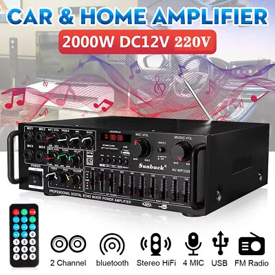 2000W Digital Power Amplifier Bluetooth Stereo HiFi Audio 2CH USB SD FM Car Home • £39.80