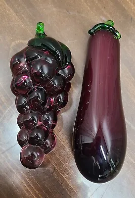 Vintage Murano Style Blown Glass Eggplant & Grapes Purple Amethyst Paperweight . • $10