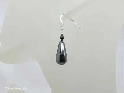 Hematite Drops & Sterling Silver Ladies Earrings With Black Swarovski Crystals • £14.50