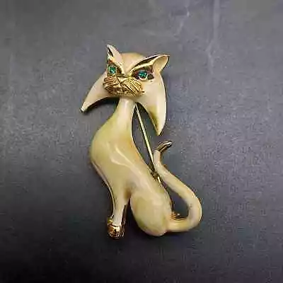 Signed Lind Gal Cat Brooch Cream Enamel Green Rhinestone Eyes Vintage Jewelry • $20