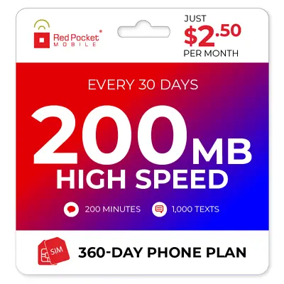 $2.50/Mo Red Pocket Prepaid Plan: 200 Talk 1000 Text 200MB • $30