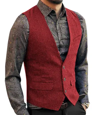 Red Casual Mens Tweed Waistcoats Vest Herringbone Vintage Retro For Wedding  • $39.59