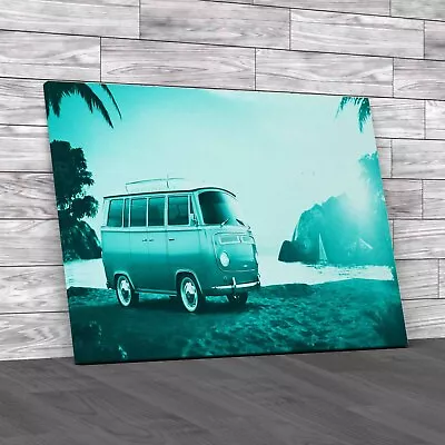 Retro Camper Van On Beach At Sunset Unique Teal Canvas Print Large Picture Wall • £14.95