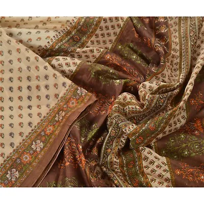 Sanskriti Vintage Cream Sarees Art Silk Printed Sari Craft Decor 5 Yd Fabric • $26.27