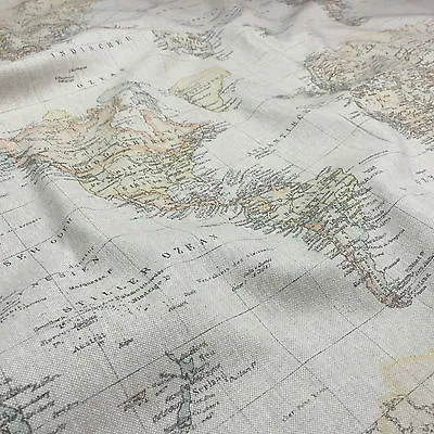 Atlas World Map Cotton Rich Linen Fabric Curtaining & Upholstery 54  Width  • £9.49