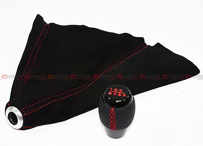 M10 X 1.5 Leather 6 Speed Shift Knob Red Stitching + Black Suede Boot For Honda • $28.99