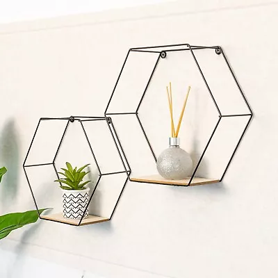 Shelf Set Of 2 Hexagon Wall Mount Floating Shelf OAK • £12.98